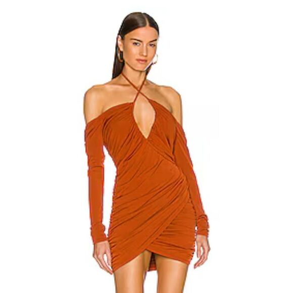 Lovers And Friends Lira Mini Dress Ginger Brown off shoulder stretch Revolve XS - Picture 1 of 9